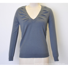 100%Wool Spring V-Neck Pure Color Knit Women Sweater